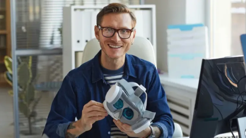 Mann mit Brille hält einen Apparat in der Hand