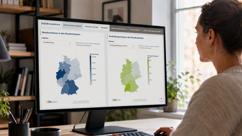 Frau vor PC-Bildschirm, auf dem DAZUB-Dashboard zu sehen ist