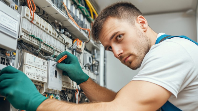 Junger Mann bei Arbeit an Schaltkasten