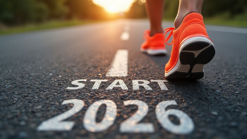 Das auf den Asphalt geschriebene Wort „Start 2026“ und eine laufende Sportlerin.