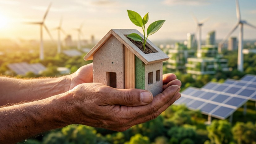 Modell eines nachhaltigen Hauses in Hand gehalten