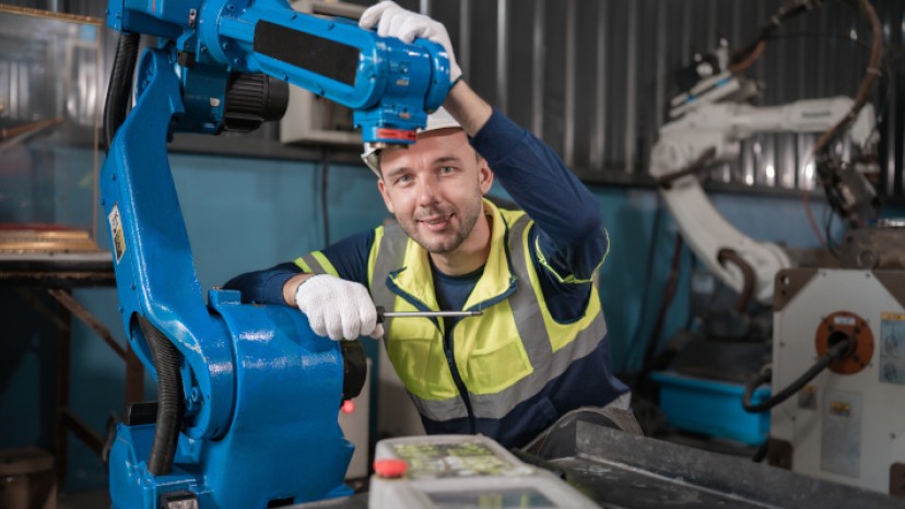 Mann arbeitet an Roboter in Fabrik
