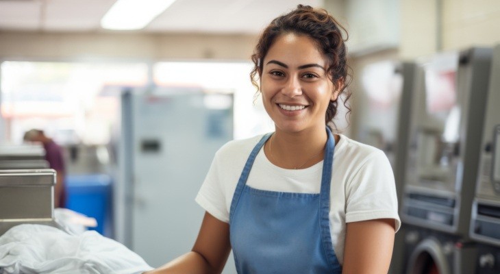 Frau lächelnd in Arbeitskleidung vor Industriewaschmaschine