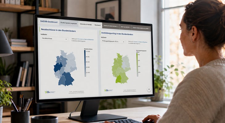 Frau vor PC-Bildschirm, auf dem DAZUB-Dashboard zu sehen ist