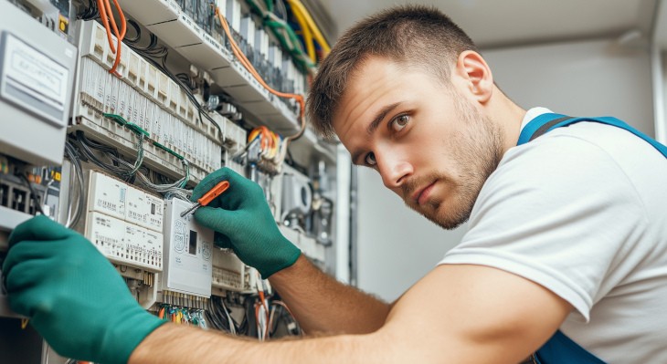 Junger Mann bei Arbeit an Schaltkasten