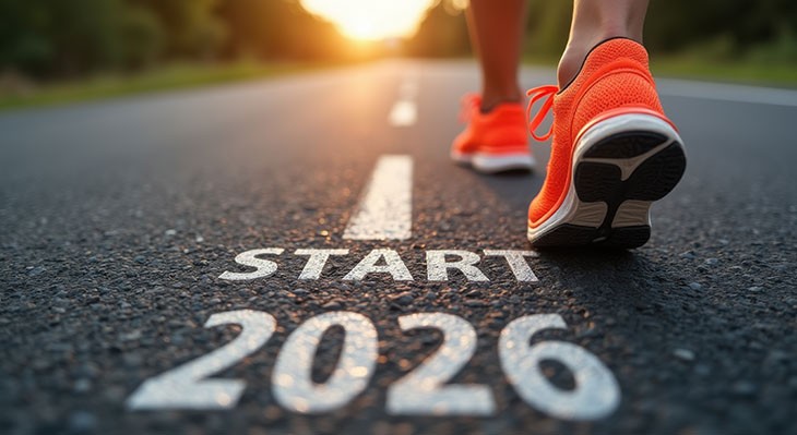 Das auf den Asphalt geschriebene Wort „Start 2026“ und eine laufende Sportlerin.