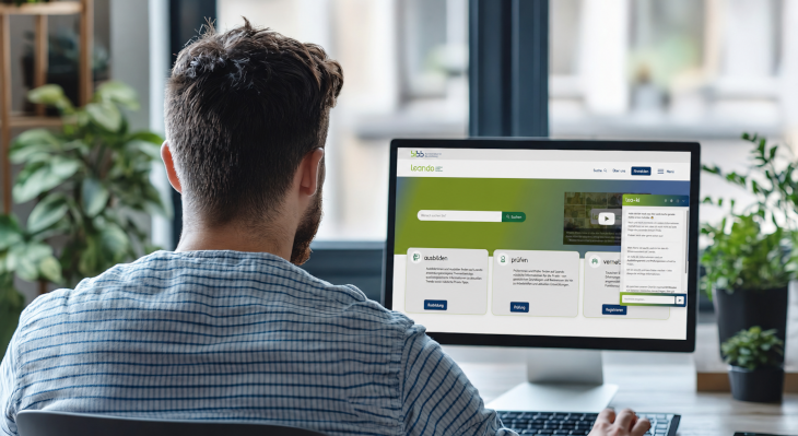 Lea-KI Chatbot auf Leando Mann blickt auf PC-Bildschirm, der Leando-Startseite und Chatbot zeigt
