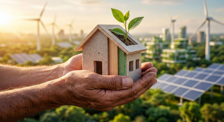 © SuzeO - Adobe Stock Modell eines nachhaltigen Hauses in Hand gehalten
