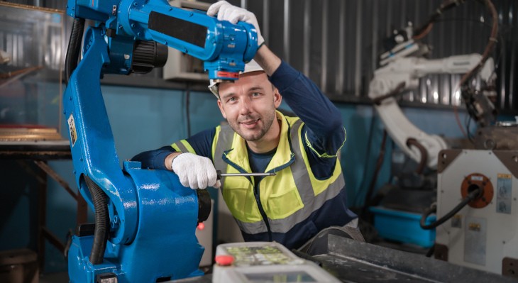 Mann arbeitet an Roboter in Fabrik