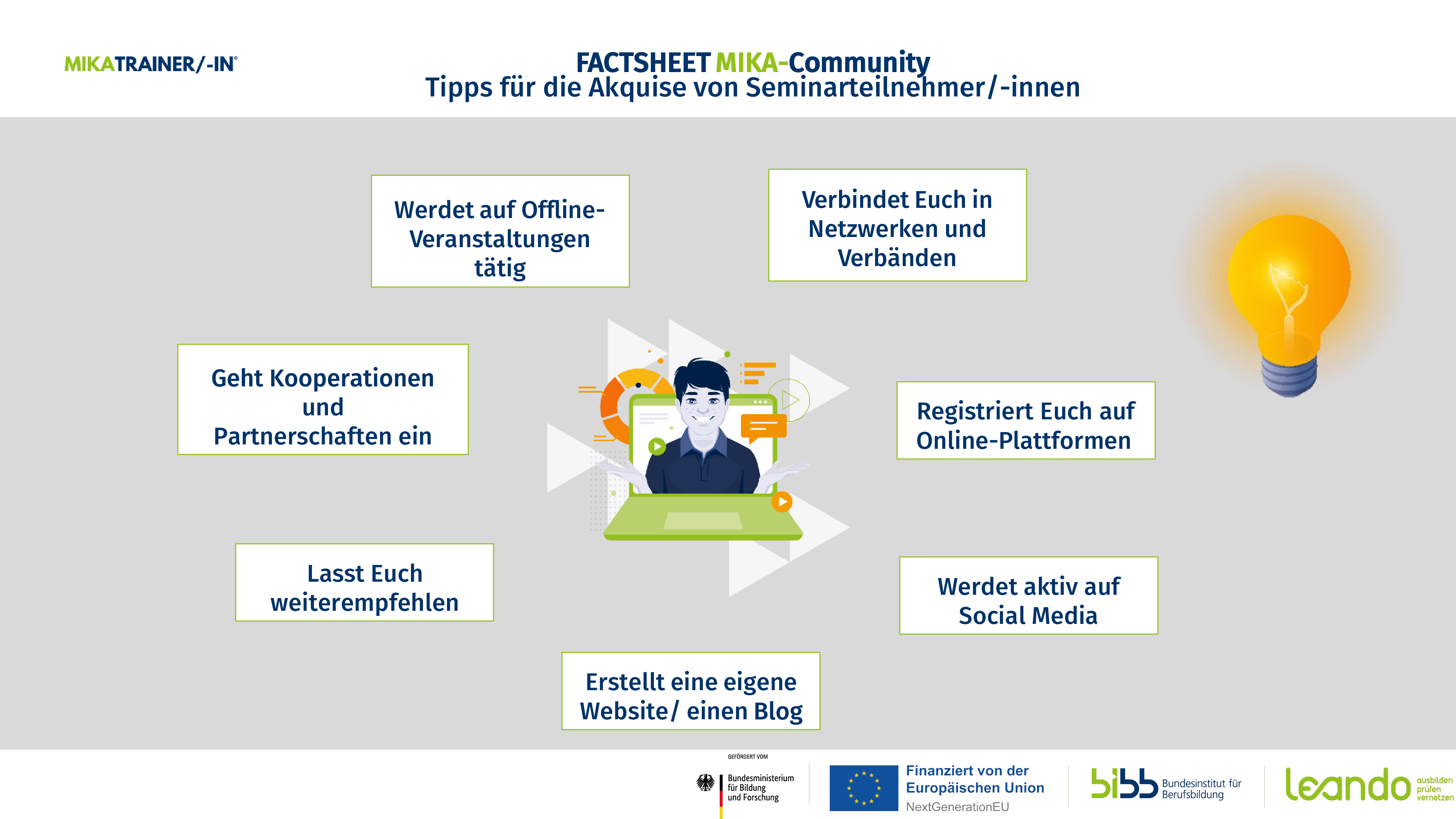 Das Bild zeigt eine Auflistung hilfreicher Punkte für eine Akquise von Teilnehmenden der MIKA-Seminare.