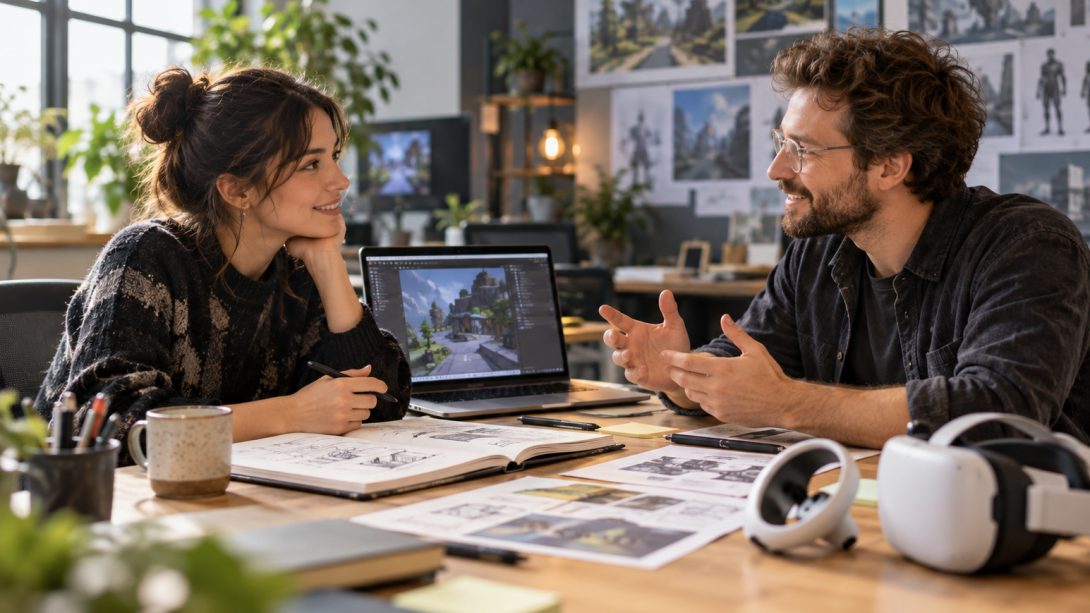 Zwei Personen sitzen in einem Kreativstudio am Tisch und unterhalten sich. Vor ihnen liegen Skizzen, ein Laptop mit einer 3D-Szene und eine VR-Brille.
