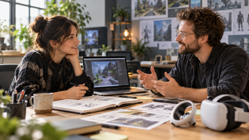 Zwei Personen sitzen in einem Kreativstudio am Tisch und unterhalten sich. Vor ihnen liegen Skizzen, ein Laptop mit einer 3D-Szene und eine VR-Brille.